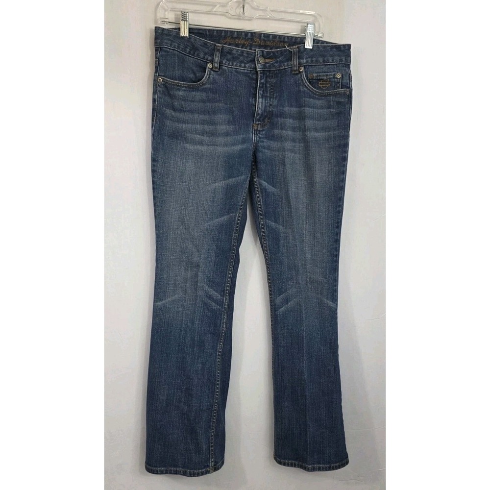 Harley Davidson Women's Sz.10 Denim Blue Jeans - 9 Inch Leg Opening Pocket Logo